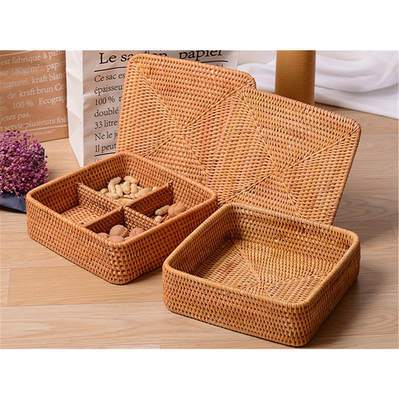 Khay chia ngăn mây tre đan, kích thước 26x19x6