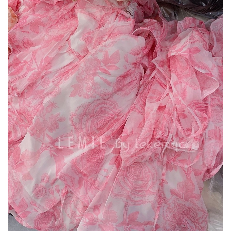 SẴN HÀNG Váy Hoa Ngắn Trễ Vai V22, Đầm Xòe Hoa Dài Tay Phong Cách Tiểu Thư Vải Voan Hoa Cam , Hoa Hồng LEMIE by lekemqc