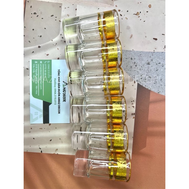 Bộ 6 ly chén uống rượu thủy tinh đế tròn dày khảm họa tiết vàng cao cấp