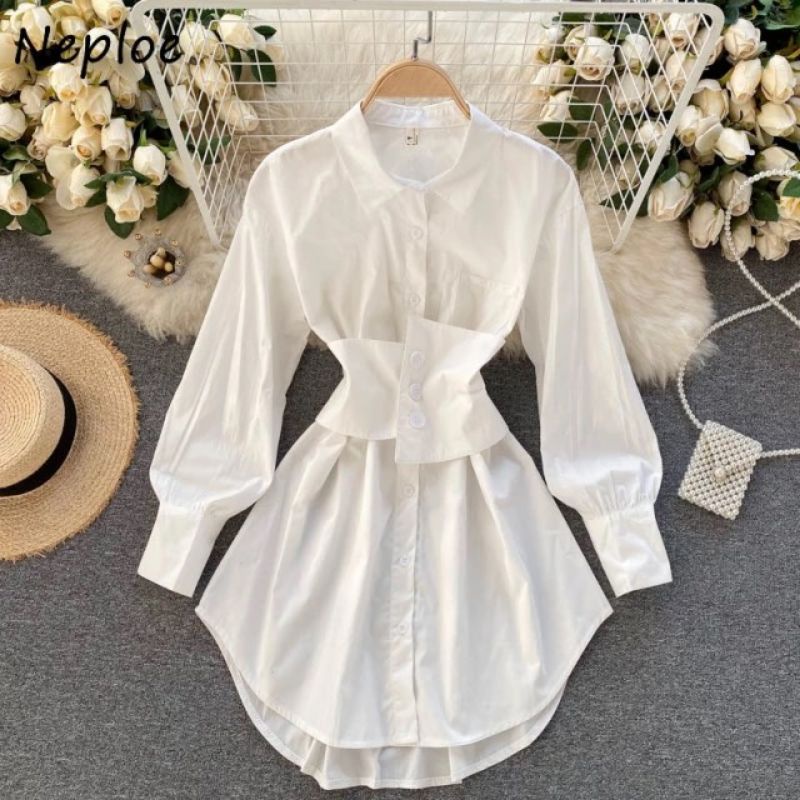 Áo sơmi form dài giấu quần  + Belt bó eo có chun sau lưng