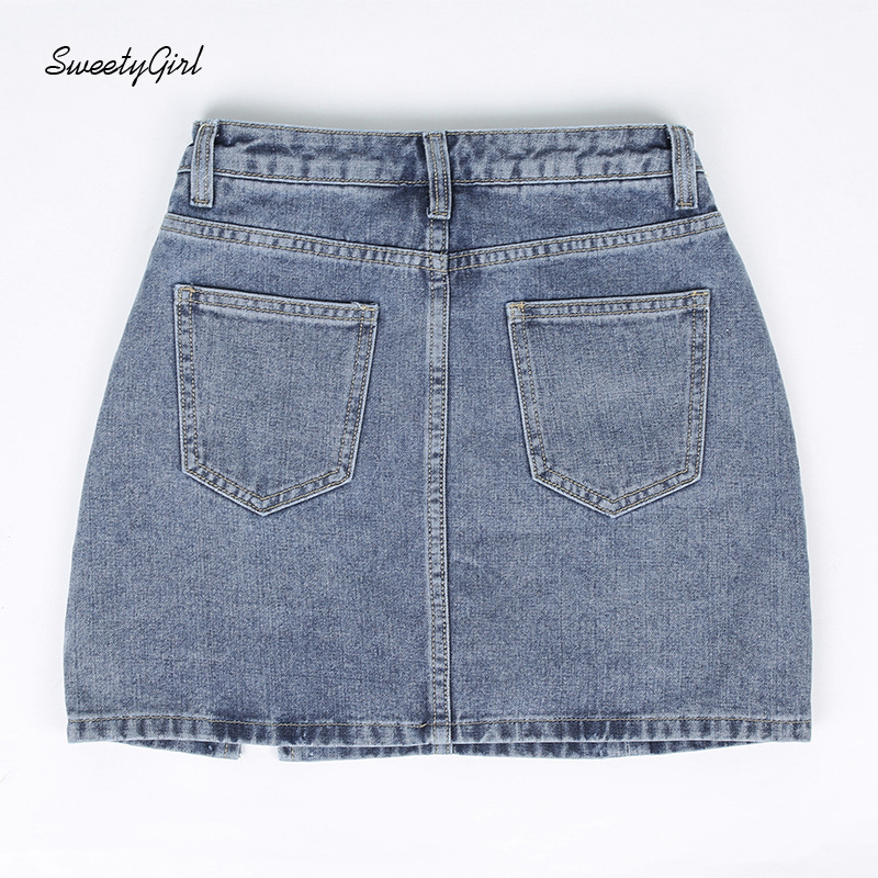 Chân váy denim eo cao xẻ tà có túi phong cách đường phố thời trang nữ