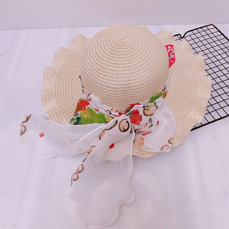 NÓN CÓI ĐI BIỂN - Vành rộng lượn sóng thắt nơ hoa văn