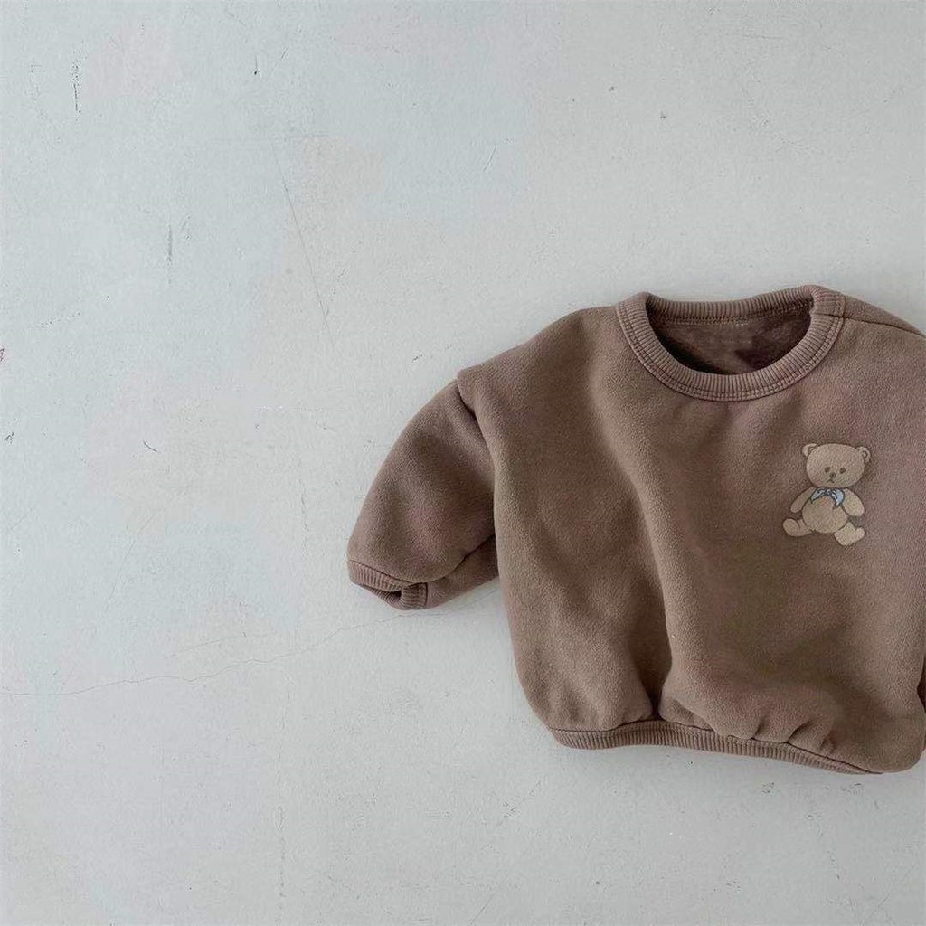 Áo sweater dáng rộng cổ tròn họa tiết gấu phong cách Hàn Quốc đơn giản thời trang thu đông cho bé trai và bé gái