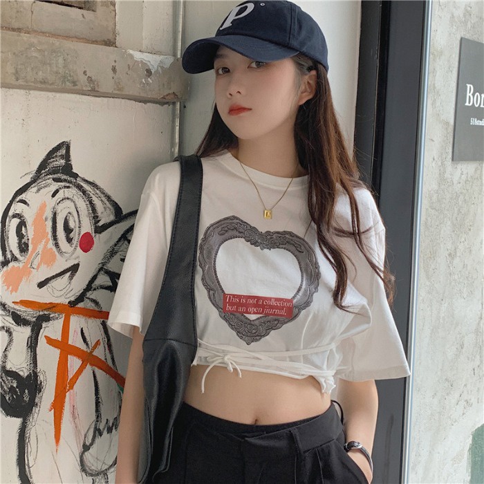 Áo Thun Crop Top Nữ Tay Ngắn In Hình Thời Trang