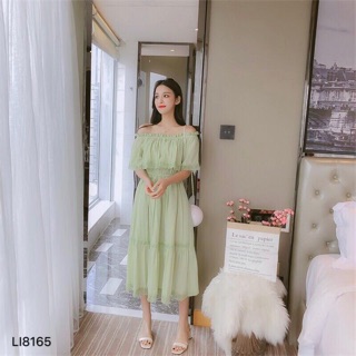 [Ảnh thật trải sàn] Đầm Maxi rớt vai phối bèo viền ren tay ngắn