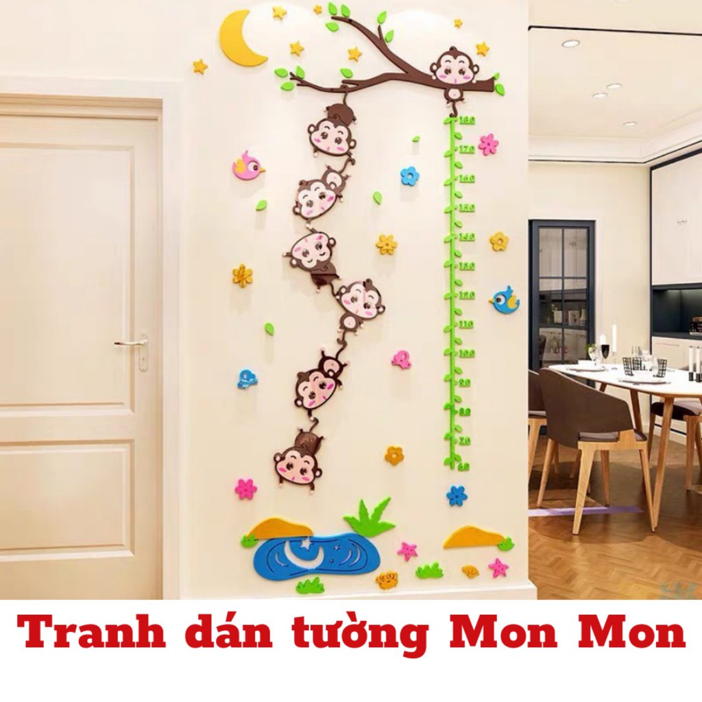 Tranh dán tường Mon Mon - Decal mica đo chiều cao những chú khỉ con tinh nghịch, trang trí phòng bé yêu