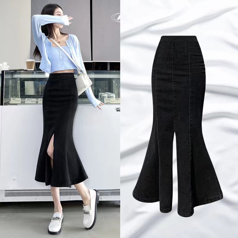 Chân váy jean Đuôi Cá Lưng Cao Màu Trơn Kiểu Retro Thời Trang Cho Nữ