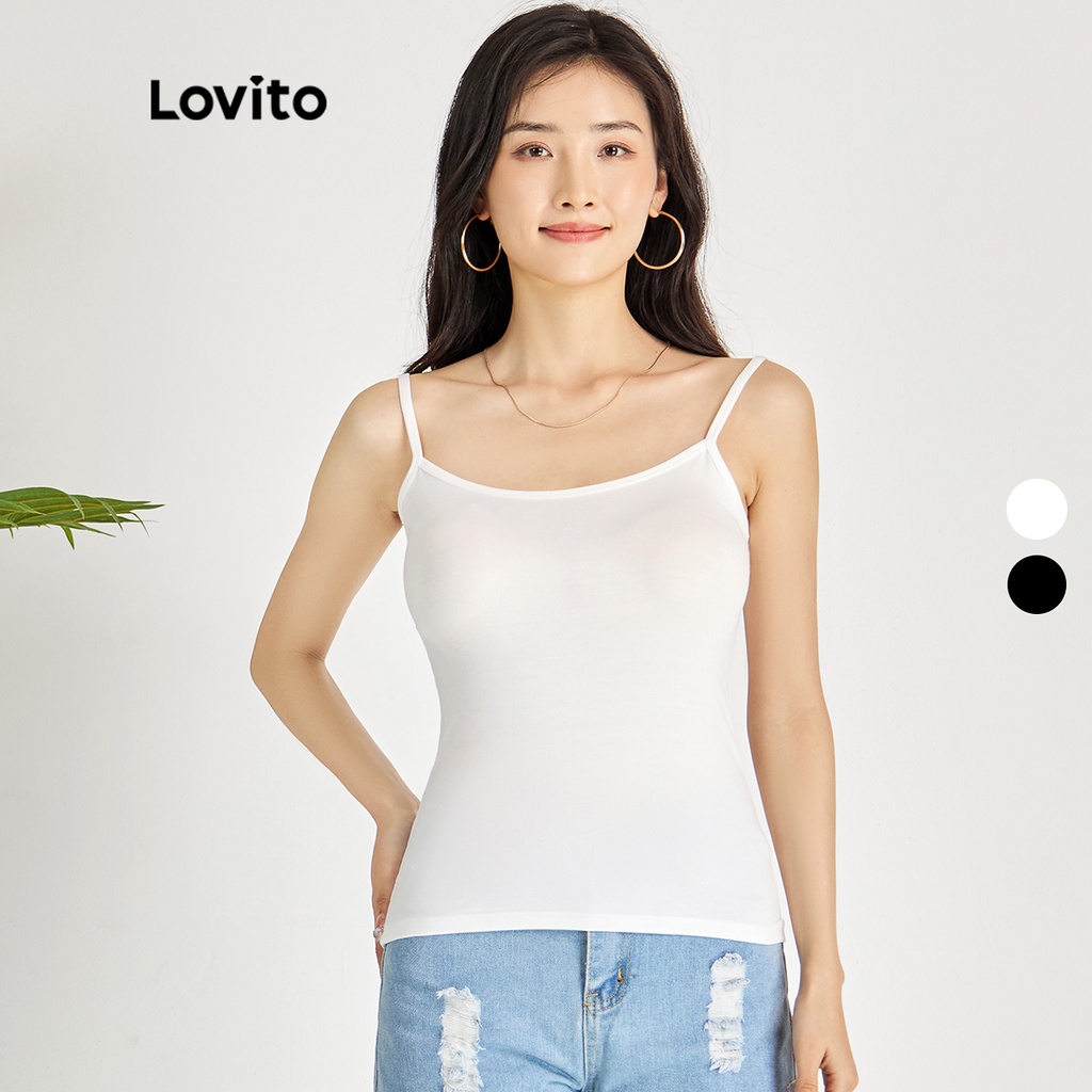 Áo tanktop Lovito trễ vai họa tiết trơn phong cách thường ngày L15X215 (màu đen/xám/trắng)