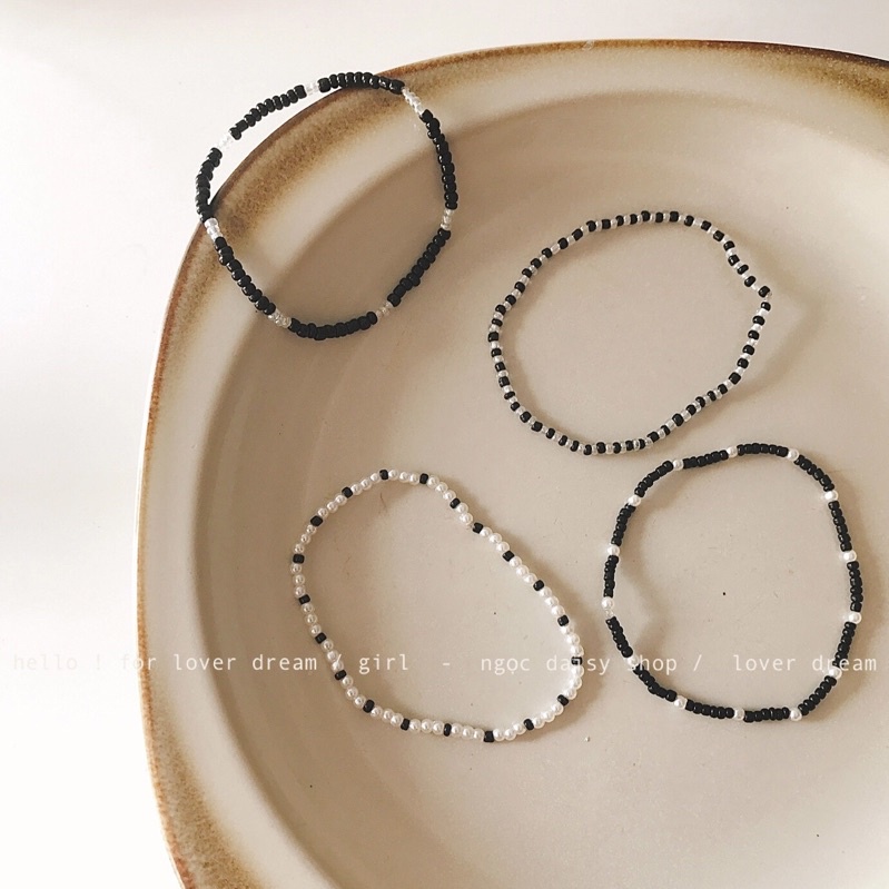 N128 vòng tay Nam handmade hạt cườm trắng đen phong cách Hàn Quốc cá tính