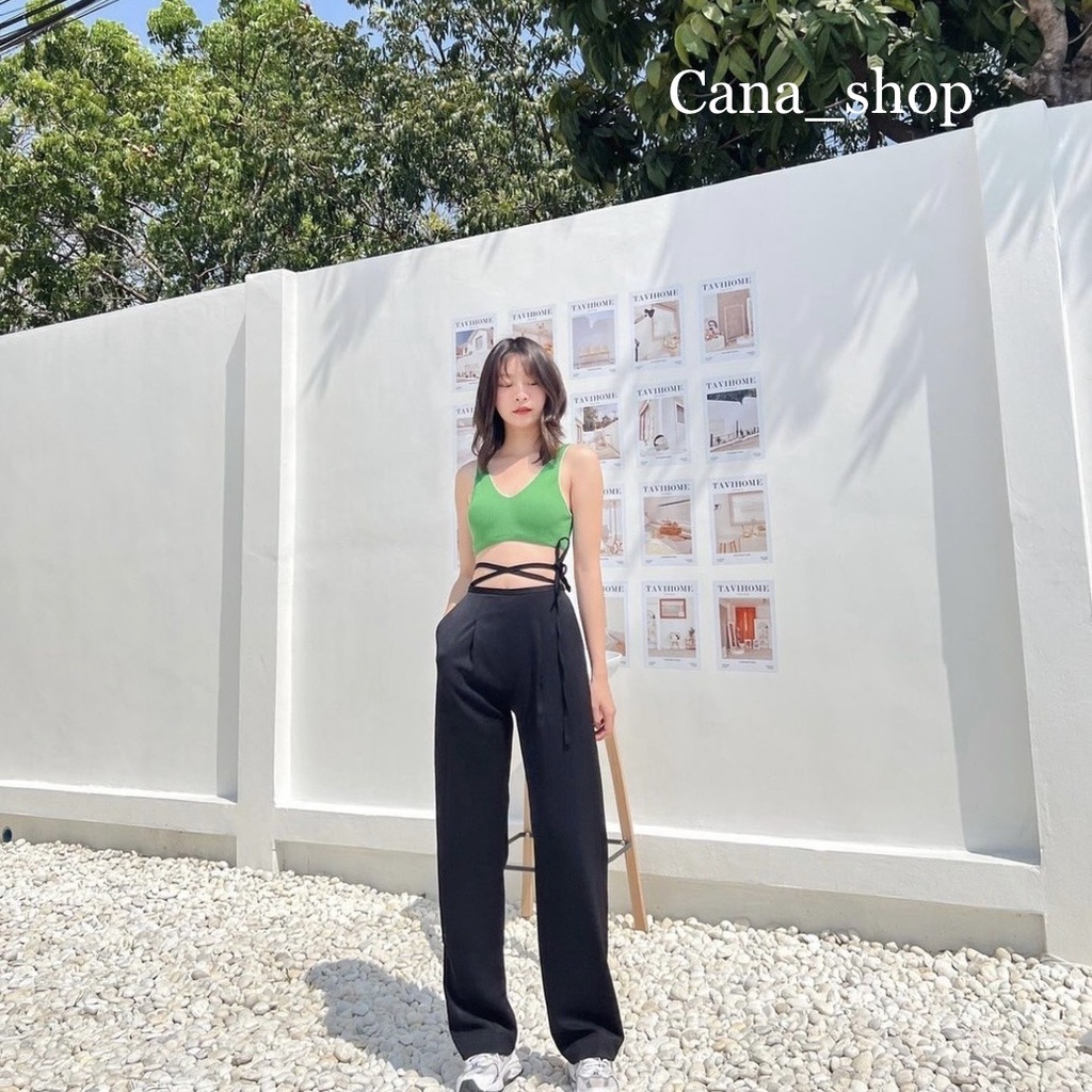 Set bộ áo croptop mix quần vải xuông có dây buộc eo I CANASHOP