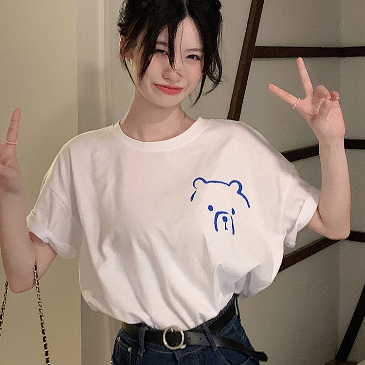 SUXI Áo Thun Tay Ngắn Cổ Tròn Form Rộng Phong Cách Hàn Quốc Cho Nữ