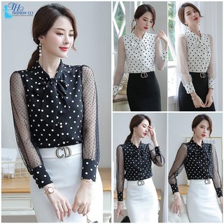 Áo Sơ Mi Nữ Áo kiểu Cao Cấp Tay Dài Thắt Nơ Chấm Bi TH421