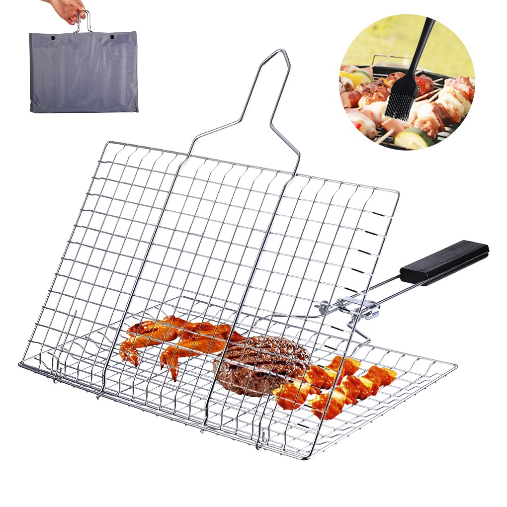 [Global] Barbecue Grilling Basket Metal Handle BBQ Grill Net Folding Portable Cooking Grid Rack with Spice Brush