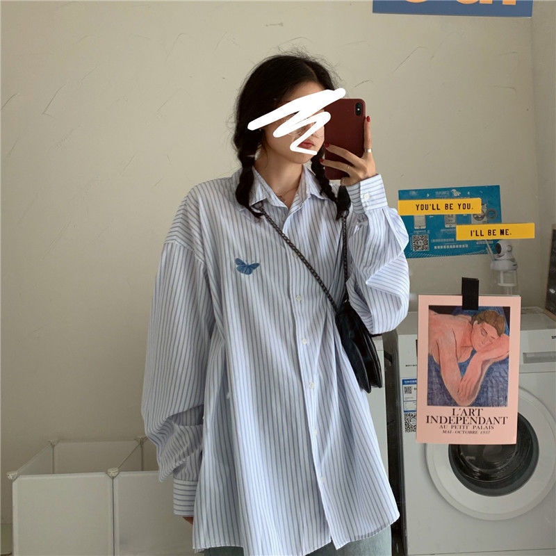 IELGY Áo sơ mi nữ dáng rộng tay dài cổ polo kẻ sọc họa tiết thêu thời trang Hàn Quốc