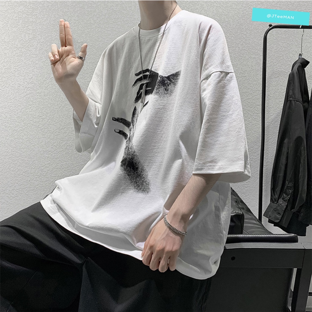 Áo thun Unisex tay lỡ form rộng in 2 bàn tay, áo phông Unisex cá tính vải cotton cao cấp 2 màu Trắng Đen JTeeMan - JT26