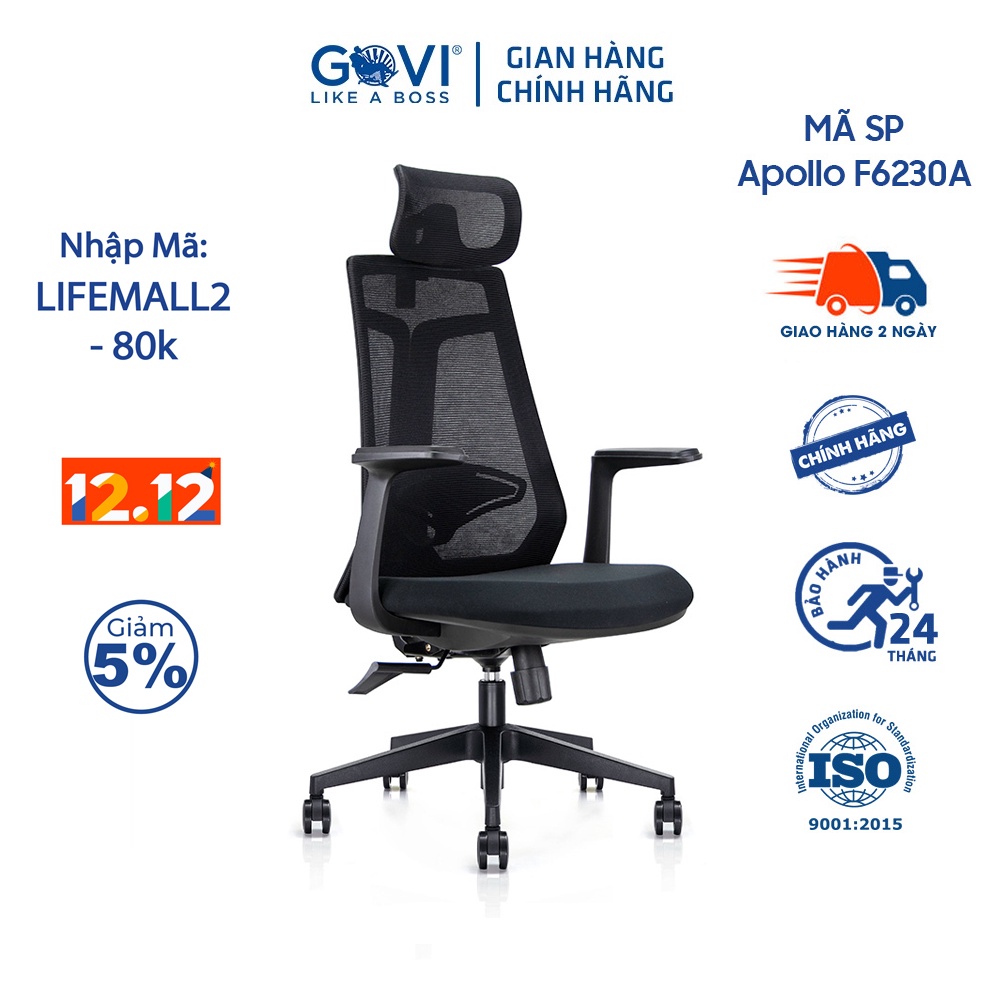 Ghế xoay văn phòng công thái học GOVI Felix F6230A - Tựa đầu điều chỉnh, tựa tay cố định