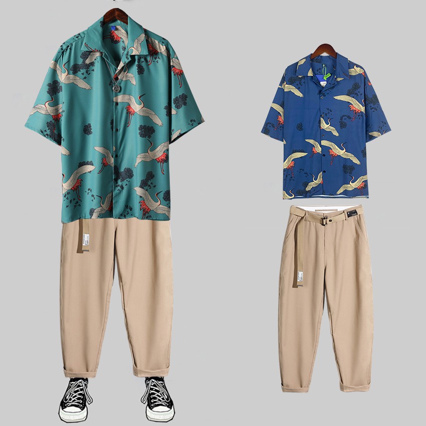 Combo Áo Sơ Mi Ngắn Tay Hoạ Tiết Chim Hạc Kết Hợp Quần Tây Âu Dáng Baggy (Tặng Dây Lưng) SOMI 35 + JOGGER 66 CR | BigBuy360 - bigbuy360.vn