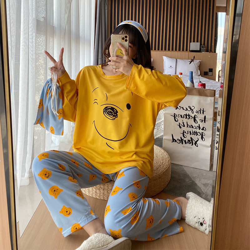 Bộ đồ ngủ tay dài dáng rộng in họa tiết hoạt hình phong cách Hàn Quốc đáng yêu cho nữ