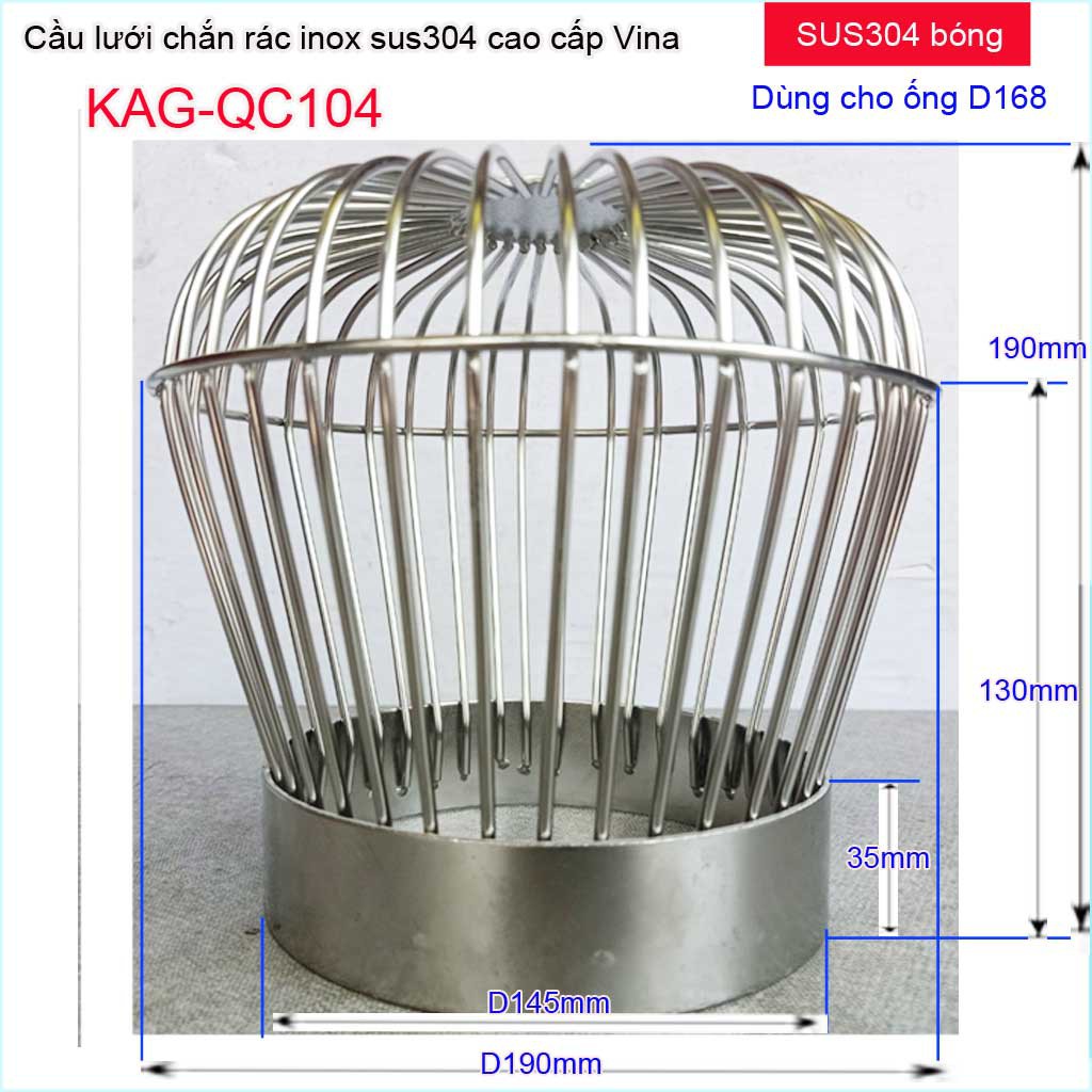 Quả cầu lưới Inox dày KAG-QC104, chắn rác sân thượng, phễu chặn rác thoát nước mưa thả ống D168