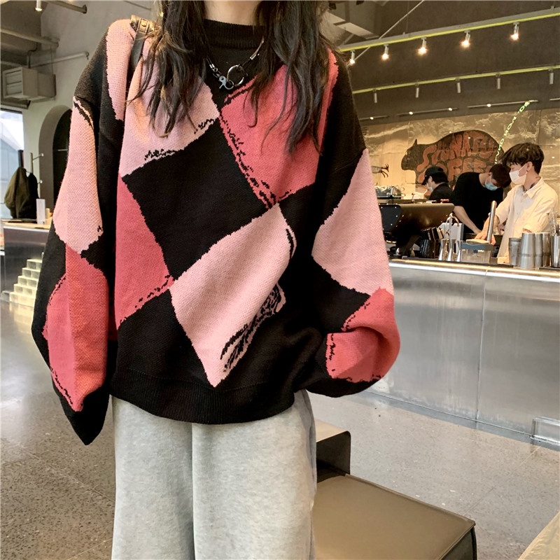 Xiaozhainv Áo sweater tay dài dáng rộng họa tiết caro phong cách hoài cổ Hàn Quốc thanh lịch cho nữ có 2 màu tùy chọn | BigBuy360 - bigbuy360.vn