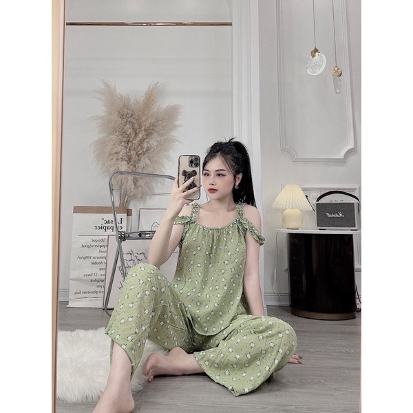 Set bộ mặc nhà hàng thiết kế hai dây trễ vai đồ ngủ dễ thương cho nữ