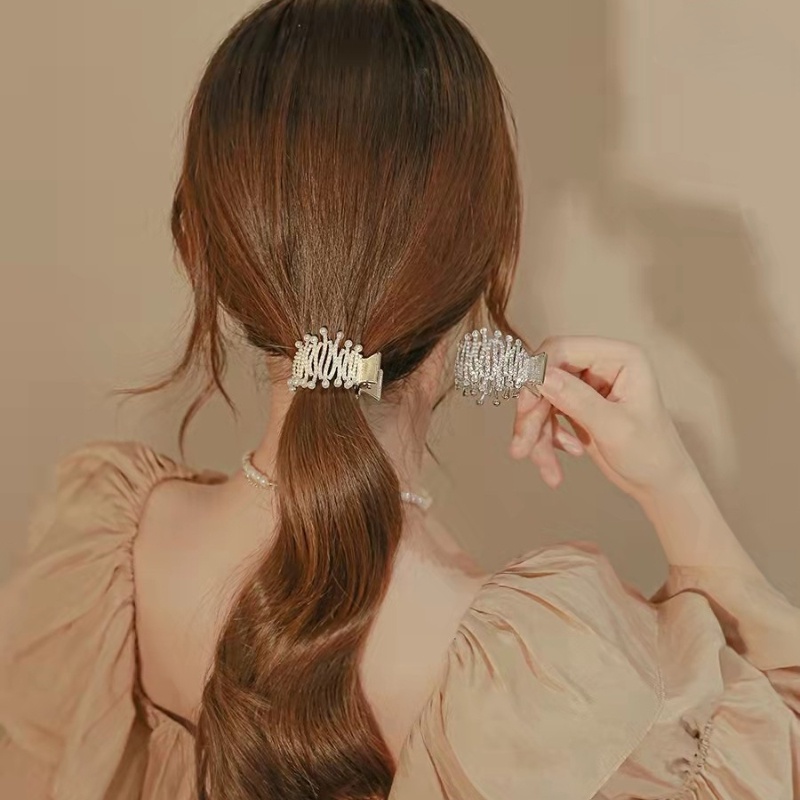 Kẹp Tóc Kim Loại Đính Đá Ngọc Trai Giả Độ Cố Định Cao Kiểu Đuôi Ngựa Tiện Dụng