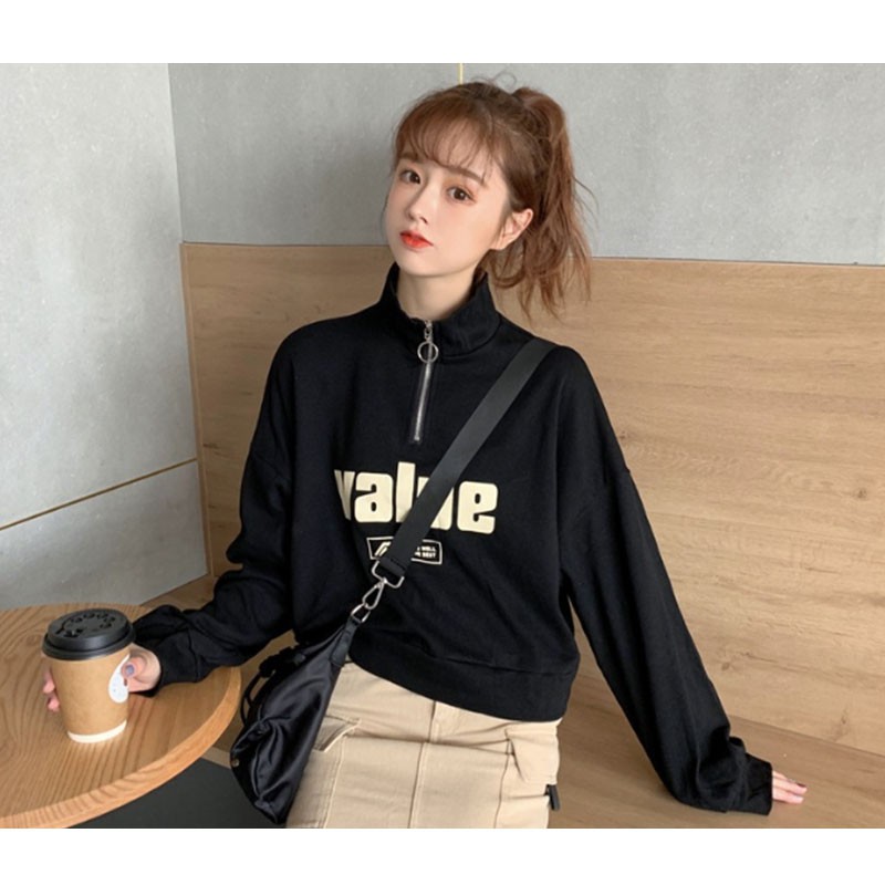 Áo Sweater Dáng Rộng Cổ Cao Phối Khóa Kéo Kiểu Hàn Quốc Cá Tính