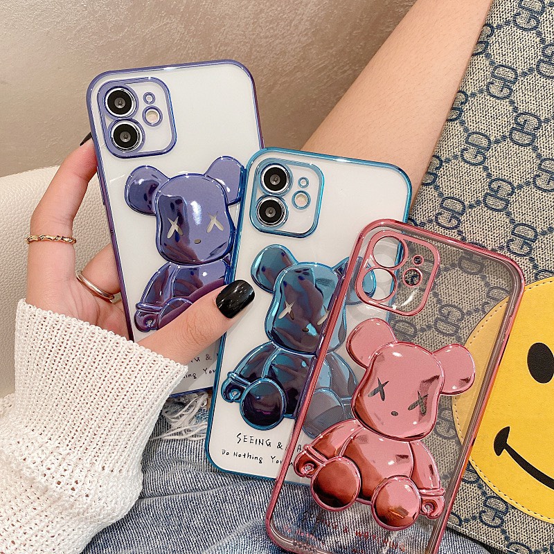 Ốp Iphone Gấu Bearbrick viền xi Hồng Tím 6/6plus/6s/6splus/7/7plus/8/8plus/x/xr/xs/Xsmax11/12/13/14/pro/max/promax/plus