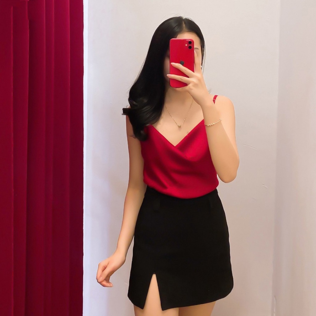 ÁO LỤA 2 DÂY CỔ ĐỔ CHẤT LỤA ĐẸP MẶC KẾT HỢP BÊN TRONG VEST BLAZER, MẪU CÓ SIZE