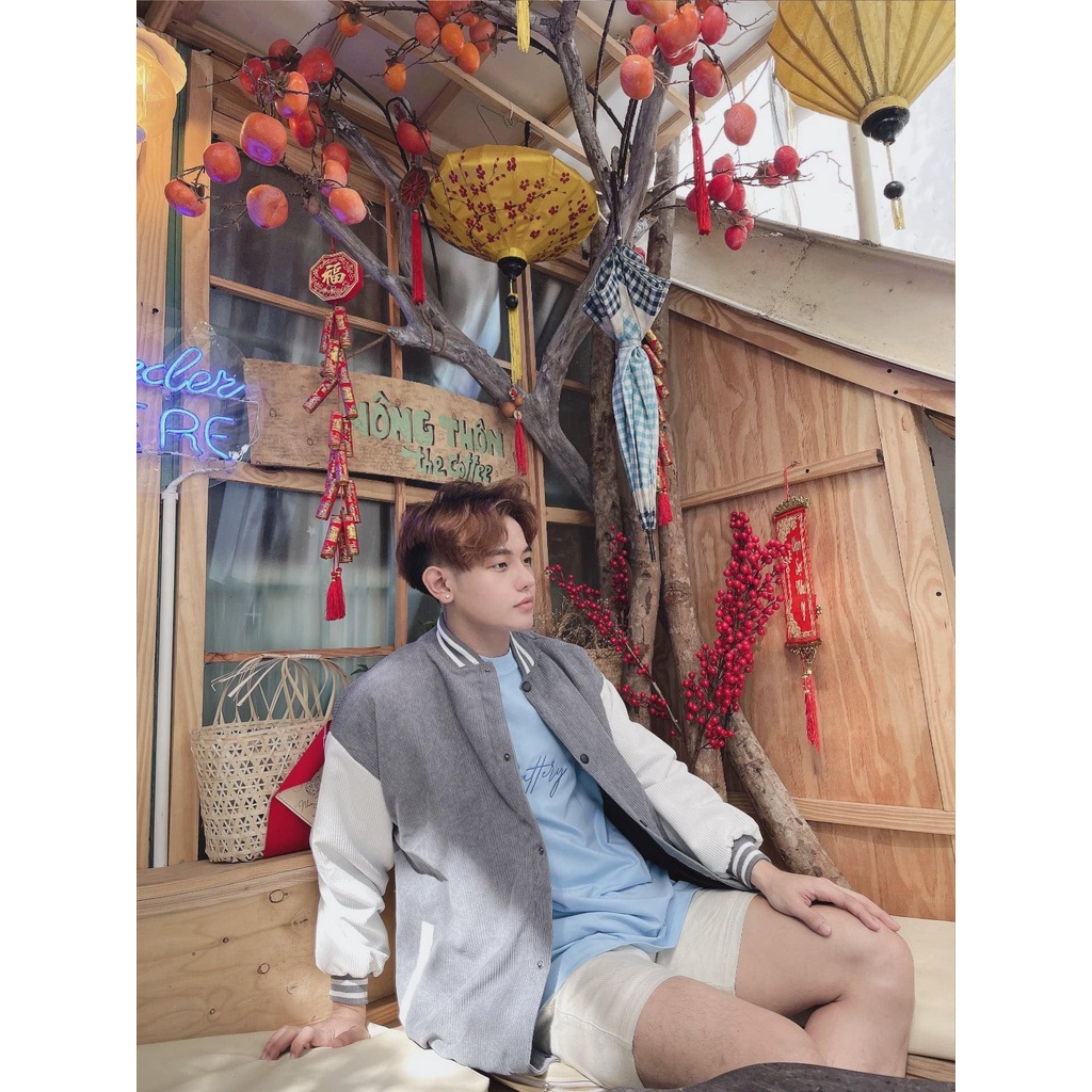 Áo Bomber Varsity Jacket Unisex Form Rộng Nhung Tăm 2 Lớp Phối Tay Trơn