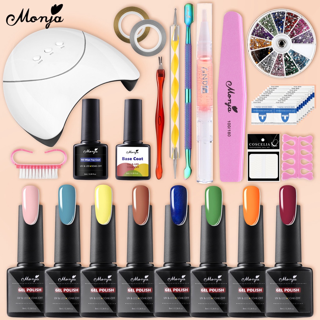 Set 8 gel sơn móng tay màu sắc khác nhau và dụng cụ làm móng MONJA UV/ LED 36W tiện lợi