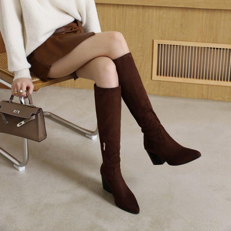 Giày boot Cao Gót Cổ Cao Qua Gối Mũi Tròn Bằng Da Lộn Thời Trang Mùa Đông Hàng Mới Dành Cho Bạn Nữ