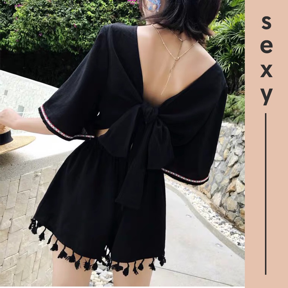 Jumpsuit Hè Buộc Nơ Sau lưng Cổ V/ Bộ Liền Cộc Tay Thời Trang Đi Biển S00129 | BigBuy360 - bigbuy360.vn