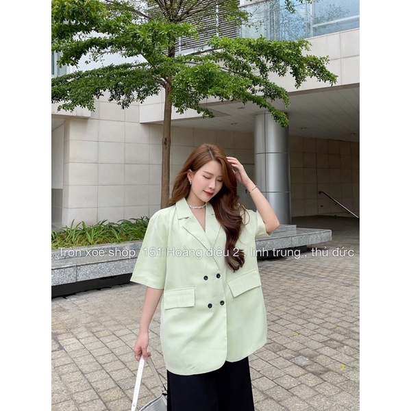 Áo Blazer ngắn tay áo vest ngoài phong cách Hàn Quốc form rông vải tafta 3 màu Tròn Xoe Shop