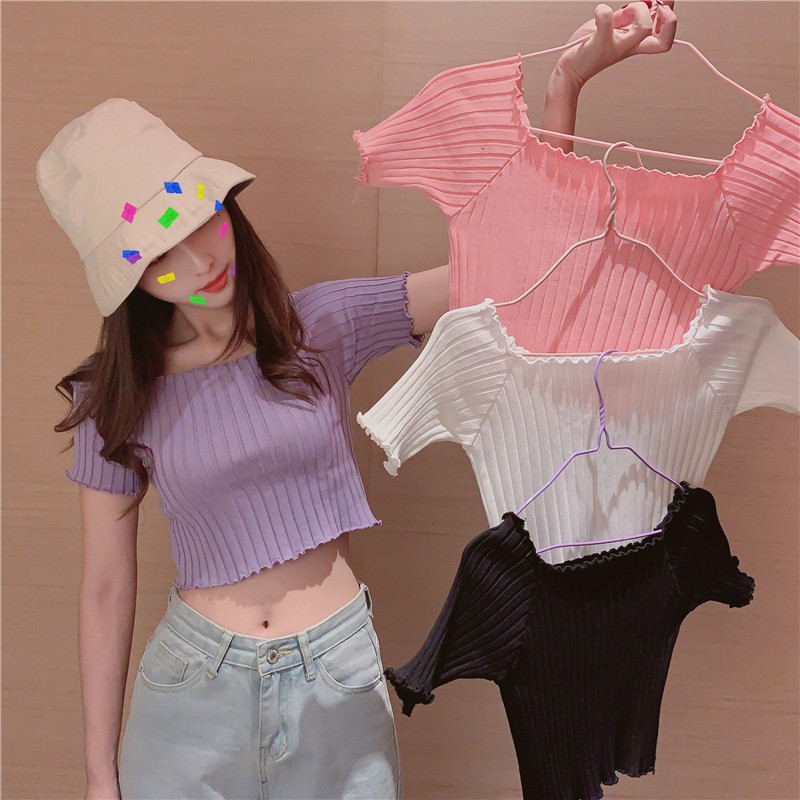 Áo len QC tay ngắn croptop bẹt vai cuốn biên