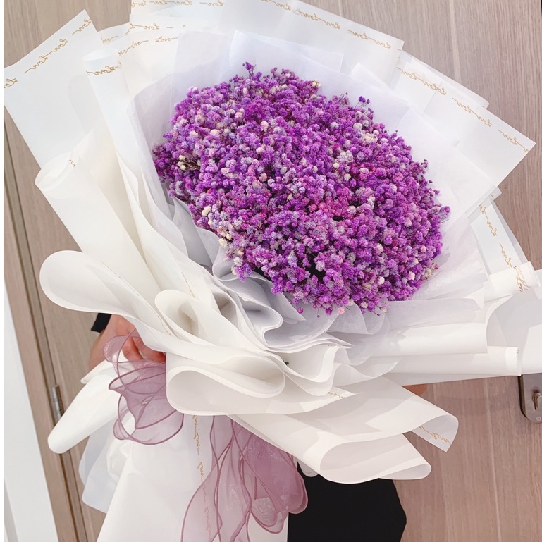 Hoa baby khô sang trọng, quà tặng baby tím siêu xinh phối giấy gói màu trắng tông màu lãng mạn, chung thuỷ, ngọt ngào