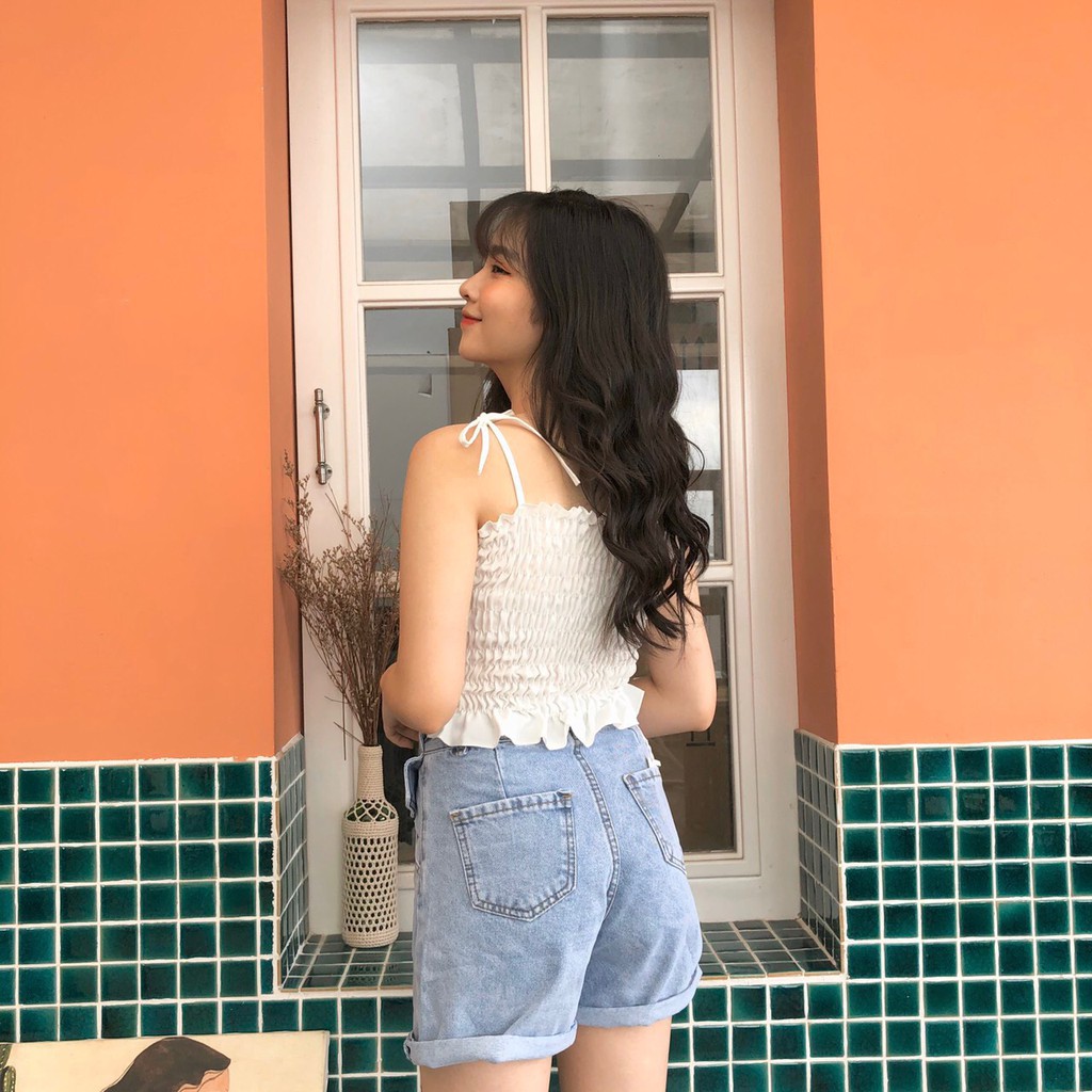 ÁO 2 DÂY NHÚN BÈO BUỘC NƠ ULZZANG ĐEN TRẮNG TÍM NÂU - ÁO CROPTOP HAI DÂY THẮT NƠ HOT