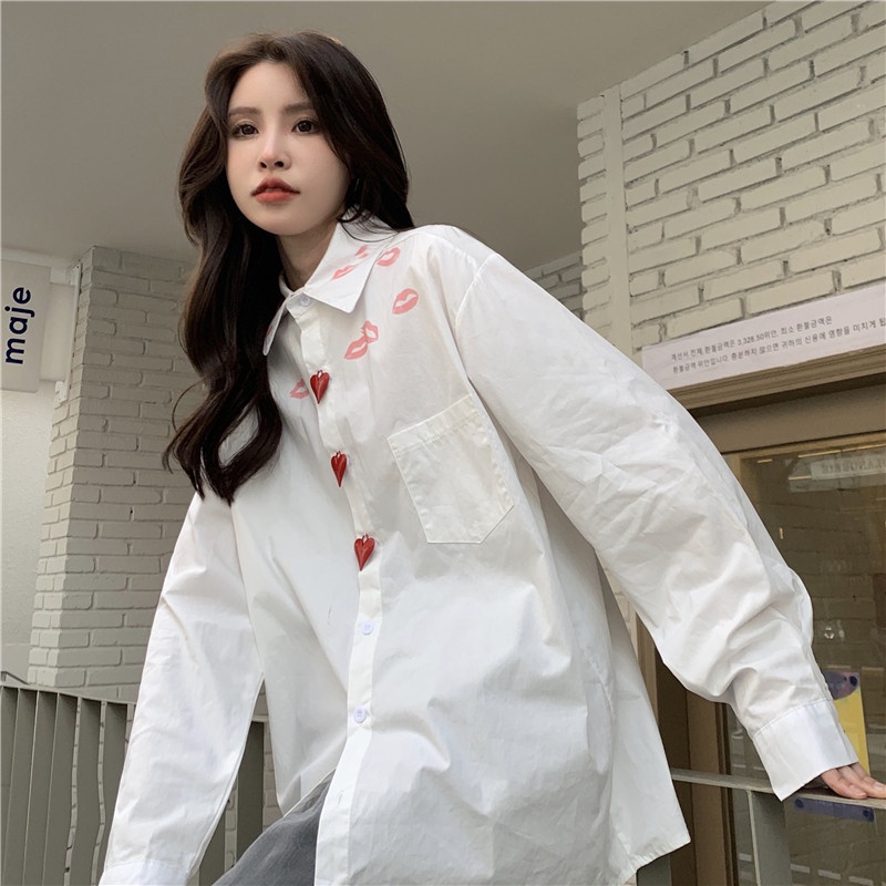 Áo sơ mi ZHELIHANGFEI tay dài dáng rộng họa tiết đôi môi phong cách đi học dễ phối đồ thời trang