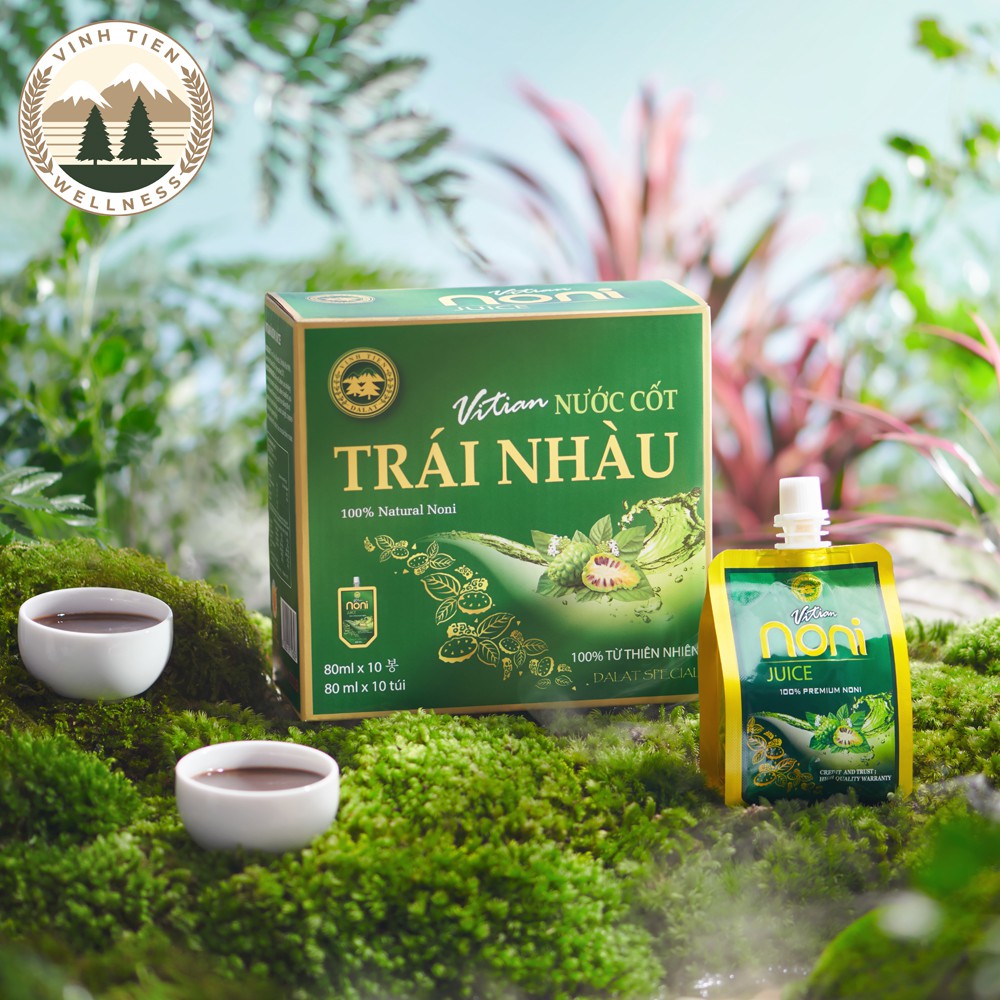 Nước Cốt Trái Nhàu Vĩnh Tiến Nguyên Chất (80ml x 10 túi) 1 Hộp. Noni Juice 100% Nature (Hàng cận date T07/2022)