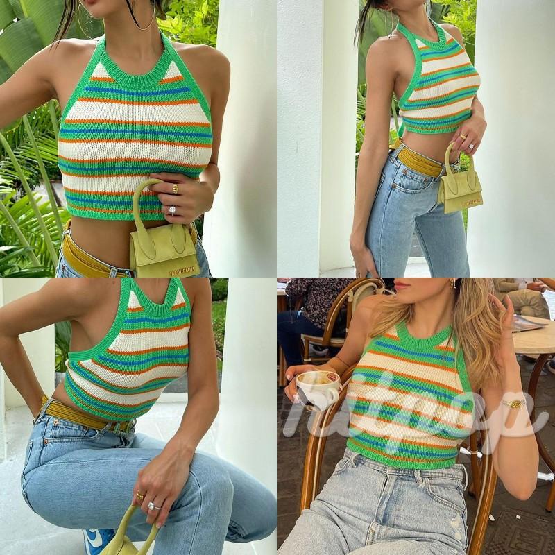 Áo croptop không tay cổ yếm hở lưng họa tiết sọc ngang màu xanh lá/xanh làm thời trang cho nữ