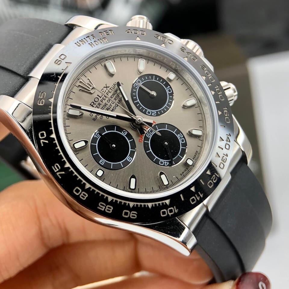 Đồng hồ Nam Rolex máy nhật-Đồng hồ cơ Automatic Rolex 3 nút KIM DẠ QUANG mặt xám dây cao su size 41-42 mm