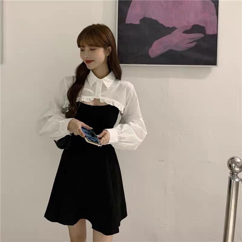 Set Váy 2 Dây Áo Khoác Bèo Trắng Phong Cách Ulzzang, Váy Hai Dây Và Áo Sơ Mi Khoác Hàng Quảng Châu Latis Store