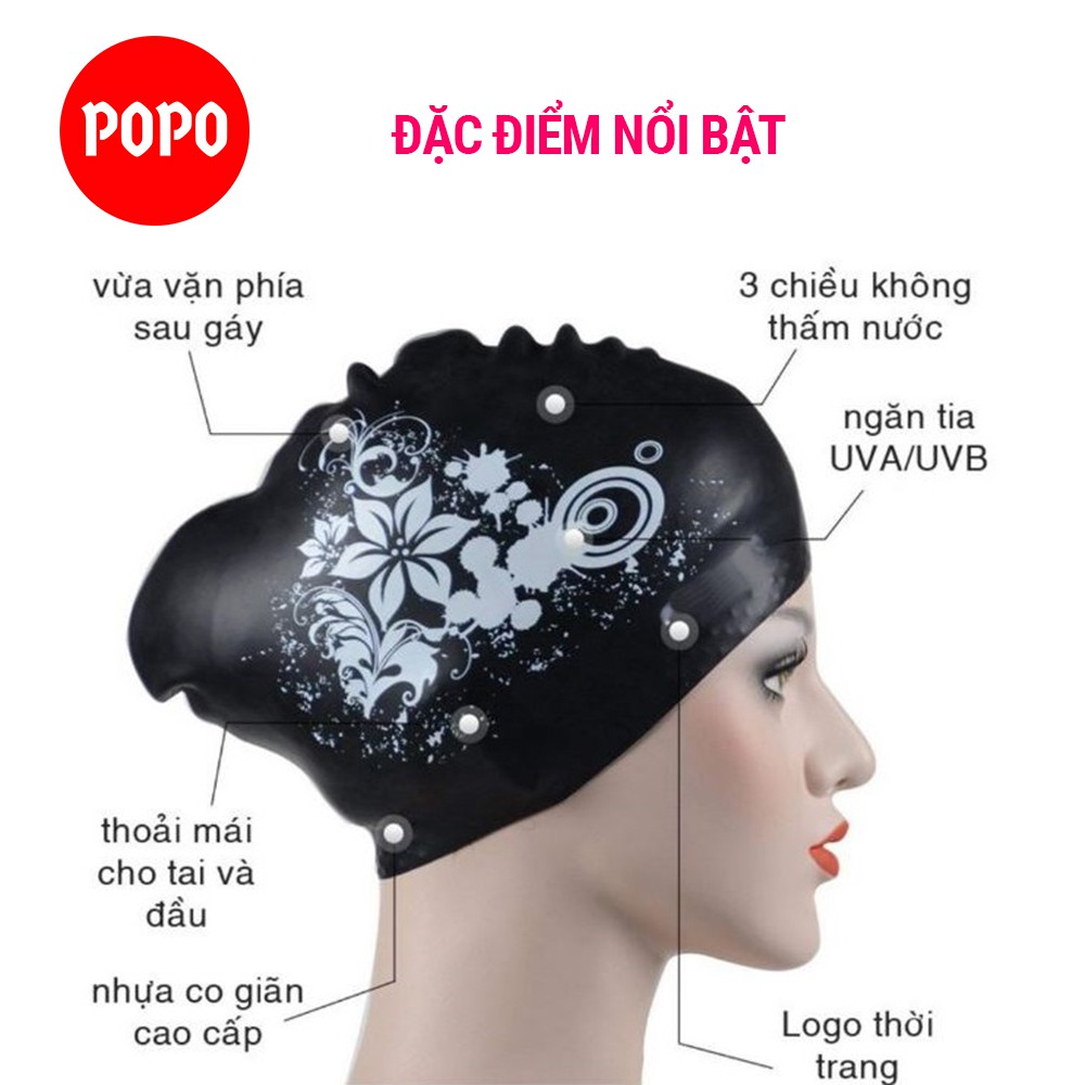 Nón bơi POPO CA45 silicone trùm tai cho nữ có tóc dài