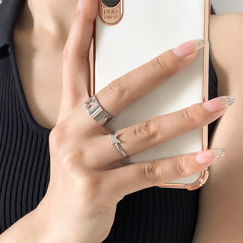 Nhẫn Dạng Mở Hình Trái Tim/Ngôi Sao Đính Đá Đơn Giản Phong Cách Retro Dành Cho Cặp Đôi