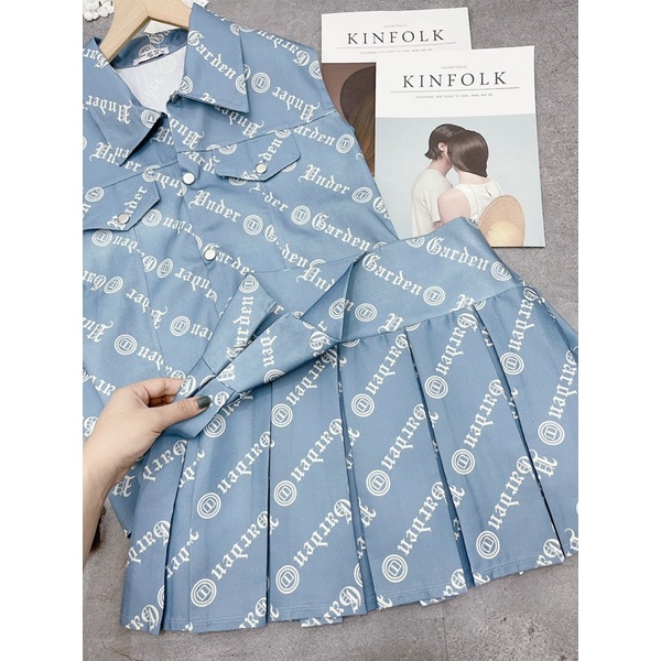 ✔ 𝗙𝗥𝗘𝗘 𝗦𝗛𝗜𝗣  SET VÁY BBR XANH IN KÍN SÁT NÁCH MIX CHÂN VÁY XOÈ XẾP LY