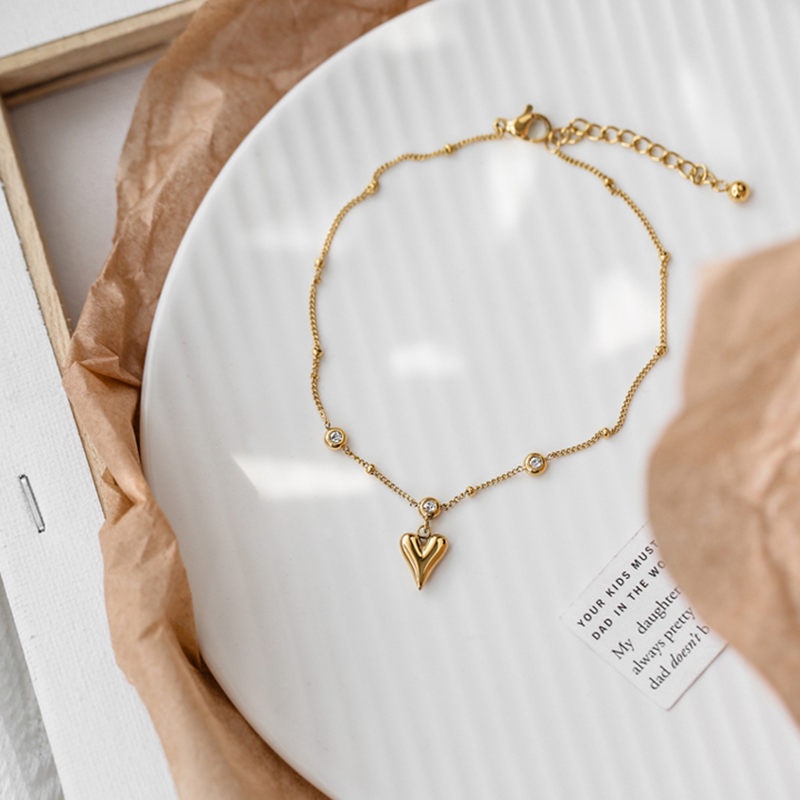 Lắc chân titan không gỉ mạ vàng 18k hình trái tim dễ thương thiết kế trẻ trung dành cho nữ