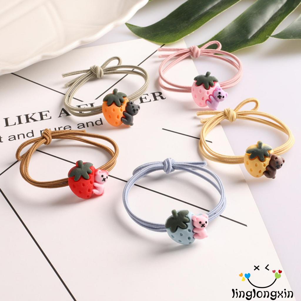 ♣Oy♥Dây Cột Tóc Cao Su Co Giãn Họa Tiết Gấu/ Dâu Tây Hoạt Hình Dễ Thương Cho Bé Gái