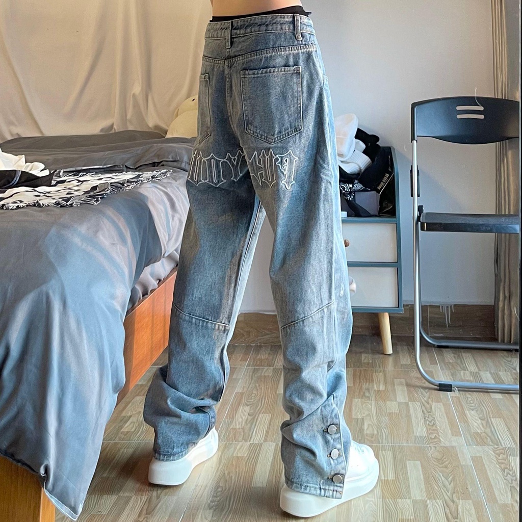 ♠✻Quần Jeans Ống Rộng Thêu Chữ Phong Cách Hip Hop Đường Phố Cho Nam