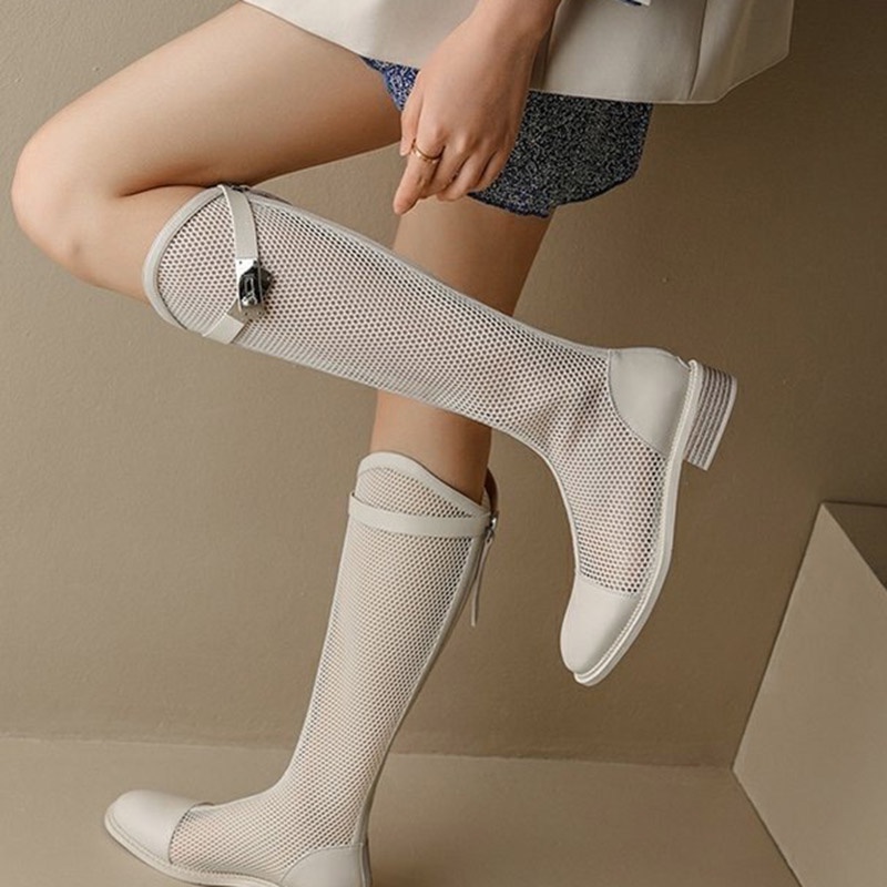 Giày bốt cao gót IELGY mũi tròn thiết kế lưới xuyên thấu quyến rũ cho nữ