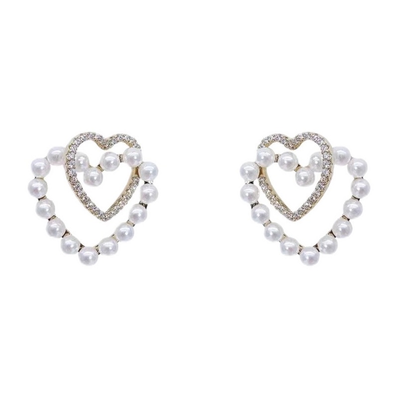 Bông tai bạc 925 đính ngọc trai hình trái tim đôi phong cách Nhật Hàn mới 2021